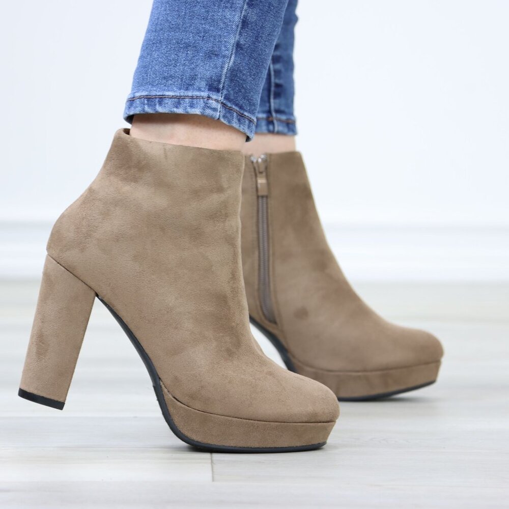 Platform Tan Suede Ankle Booties Block Heeled Boots